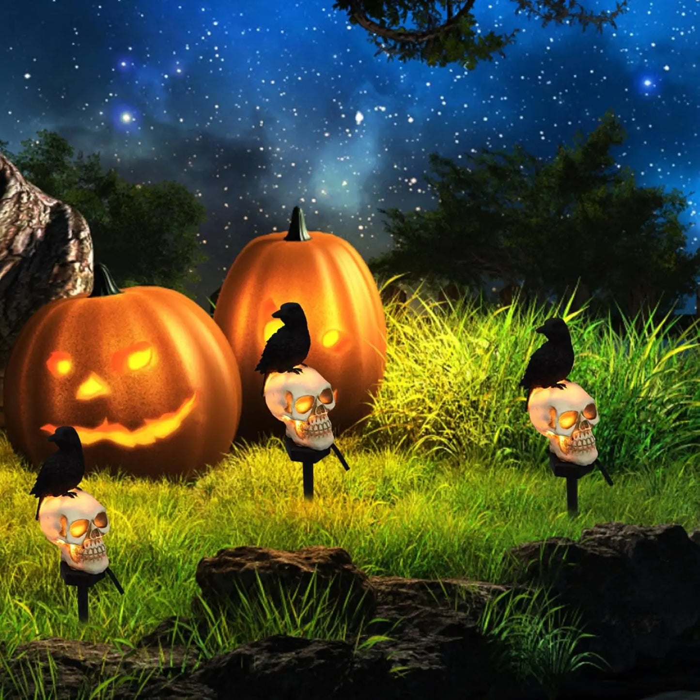 Solar Skull with Crow – Spooky Halloween Decoration that Lights Up Automatically at Night