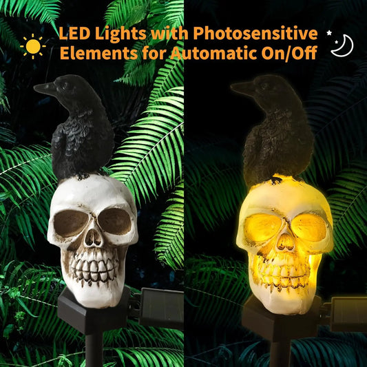 Solar Skull with Crow – Spooky Halloween Decoration that Lights Up Automatically at Night