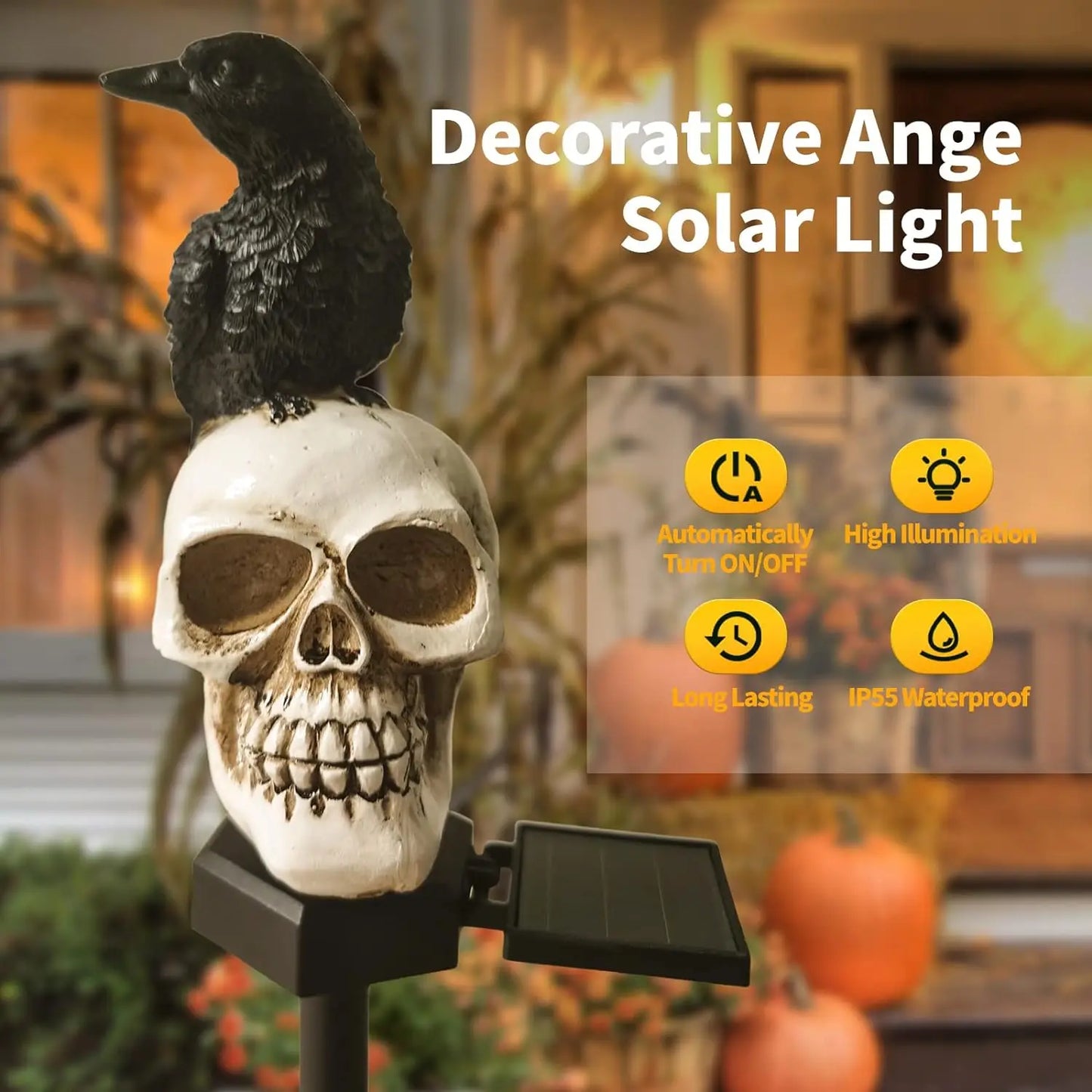 Solar Skull with Crow – Spooky Halloween Decoration that Lights Up Automatically at Night